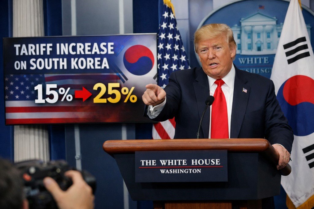 Painel com anúncio de aumento de tarifa sobre a Coreia do Sul de 15% para 25%